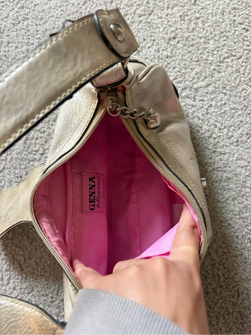 Metallic Cream Shoulder Bag with Heart Turn-Lock Accent
